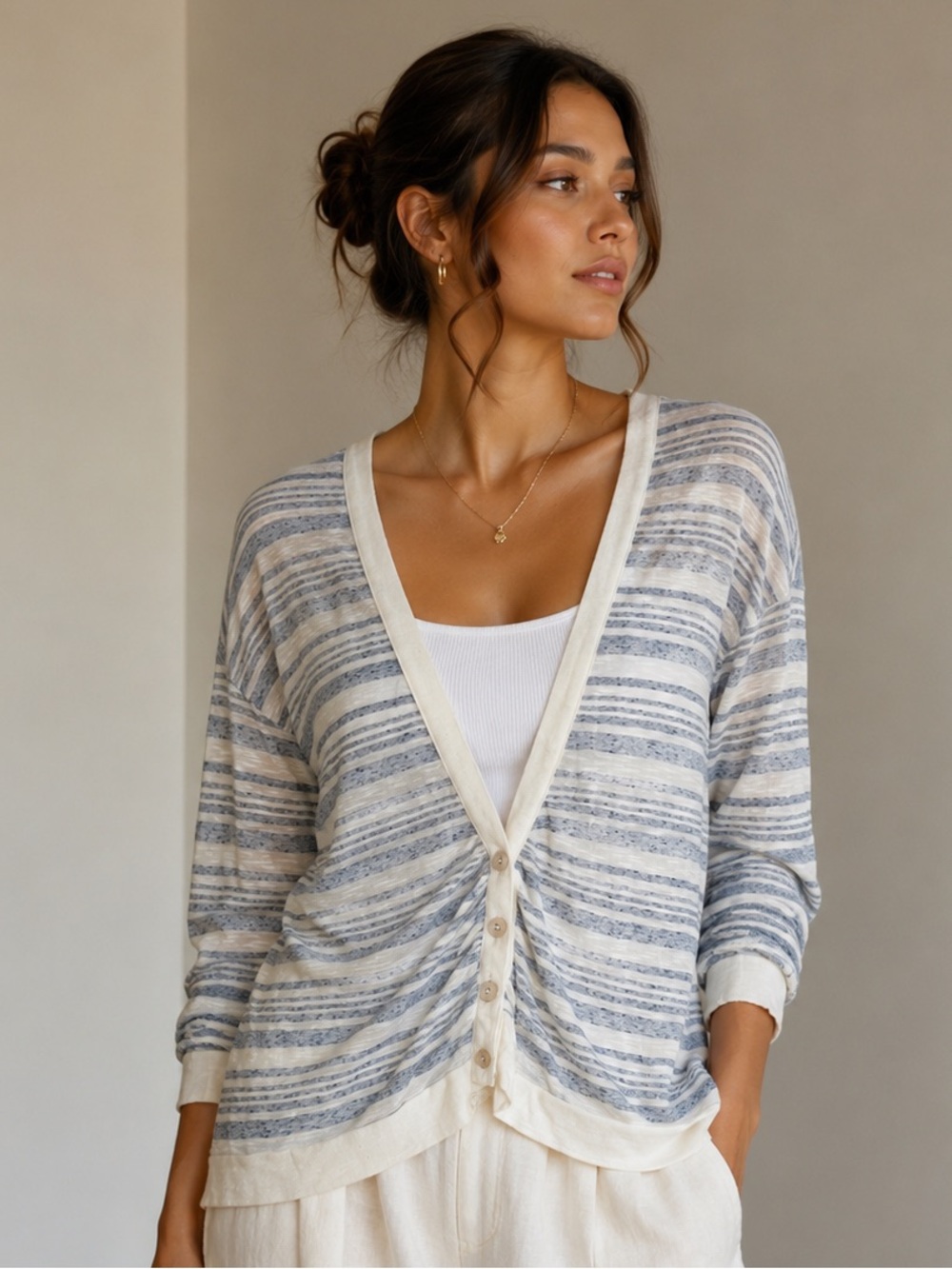 Stateside Striped Knit V-Neck Lightweight Cardigan Sweater Coastal Small